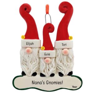 Personalized Three Cute Gnome Grandkids Glittered Ornament