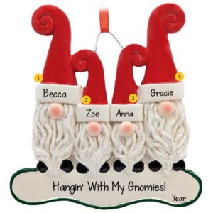 Personalized Four Gnome Grandkids Glittered Ornament