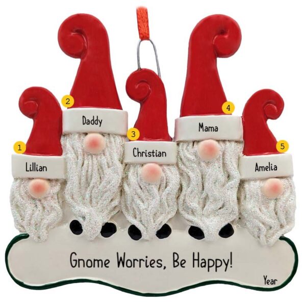 Personalized Cute Gnome Family Of Five Glittered Ornament