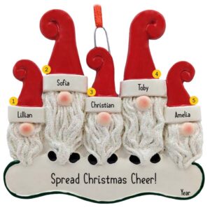 Image of Personalized Five Cute Gnome Grandkids Glittered Ornament