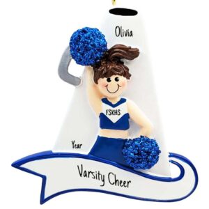 Image of Personalized BLUE Cheerleader With Megaphone Ornament BRUNETTE