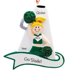 Personalized GREEN Cheerleader With Megaphone Ornament BLONDE