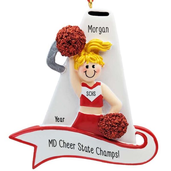 Personalized RED Cheerleader With Megaphone Ornament BLONDE