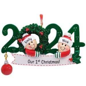 Personalized 2024 Couple 1st Christmas Together GREEN Wreath Ornament