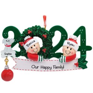 Personalized 2024 Couple And Pet Glittered Green Wreath Ornament