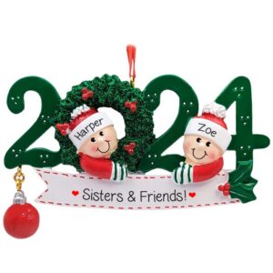 Personalized 2024 2 Sisters And Friends GREEN Wreath Ornament