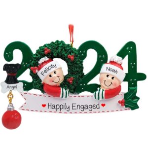 Personalized 2024 Engaged Couple And Pet Glittered Green Wreath Ornament