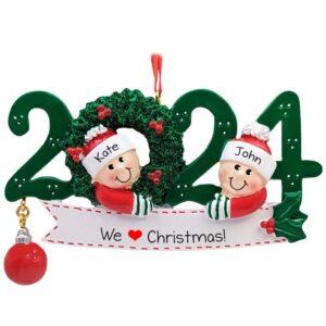 Image of Personalized 2024 Couple GREEN Wreath Glittered Ornament