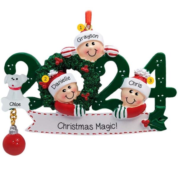 Personalized 2024 Family Of 3 With Pet GREEN Glittered Wreath Ornament