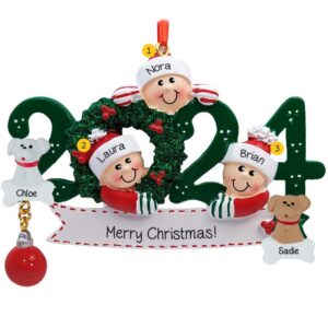 Personalized 2024 Family Of 3 With 2 Pets GREEN Glittered Wreath Ornament