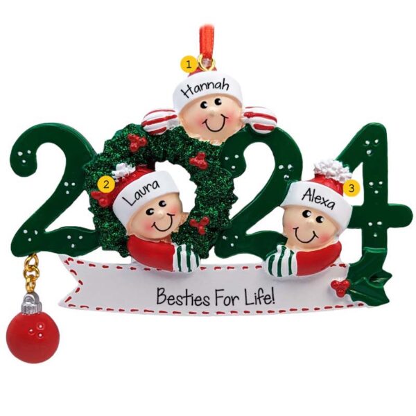 Personalized 2024 3 Best Friends GREEN Glittered Wreath Ornament