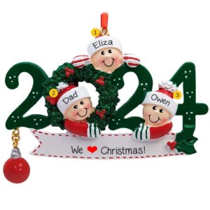 2024 Single Dad And 2 Kids Personalized GREEN Wreath Ornament