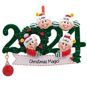 Image of Personalized 2024 Family Of 4 GREEN Wreath Personalized Ornament
