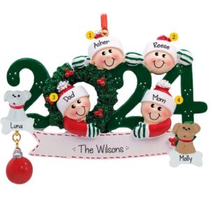 Personalized 2024 Family Of 4 With 2 Pets GREEN Glittered Wreath Ornament