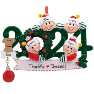 Image of Personalized 2024 Grandparents And 2 Grandkids With Pet GREEN Wreath Ornament