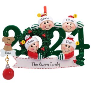 Personalized 2024 Family Of Four With Pet GREEN Wreath Ornament