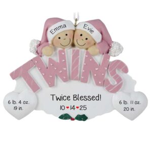Personalized Twin Baby Girls' Birth Statistics PINK Oval Ornament
