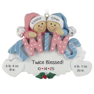 Image of Twins' Birth Statistics GIRL And BOY On Oval Personalized Ornament