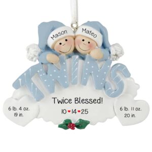 Image of Twin Baby BOYS Birth Announcement BLUE Letters Oval Ornament