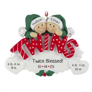 Image of Twins' Birth Stats GREEN Hats RED Letters On Oval Ornament