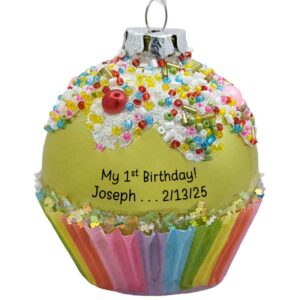 Personalized 1st Birthday Celebration Glass Cupcake Ornament GREEN