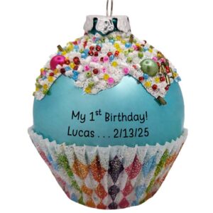 Personalized 1st Birthday Celebration Glass Cupcake Ornament BLUE