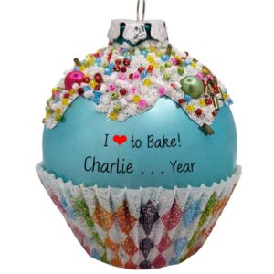 Personalized I Love To Bake Glass Cupcake Ornament BLUE