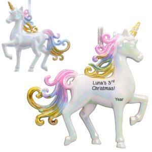 Personalized Girl's 3rd Christmas Unicorn Pastel Shatterproof Ornament
