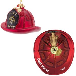 Personalized RED Fire Helmet 3-D Glittered Glass Ornament