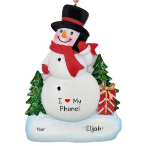 Personalized BOY Loves His Phone Snowman Ornament