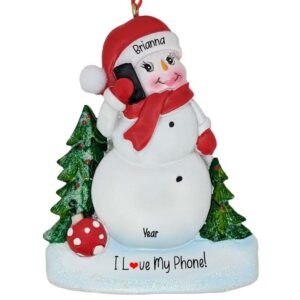 FEMALE Loves Her Phone Snowman Personalized Ornament