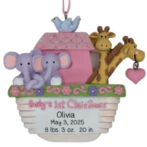 Personalized GIRL'S 1st Christmas Noah’s Ark Birth Stats Ornament