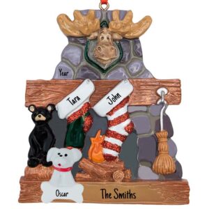 Personalized Moose On Stone Fireplace Couple With 1 Dog Ornament