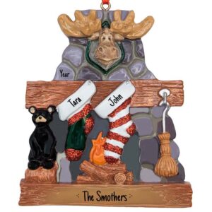 Personalized Moose On Stone Fireplace Couple Holiday Ornament
