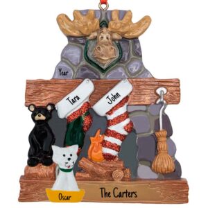 Personalized Moose On Stone Fireplace Couple With 1 Cat Ornament