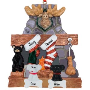 Moose On Stone Fireplace Couple With 2 Pets Ornament