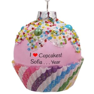 Personalized I Love Cupcakes 3-D Glass Ornament PINK