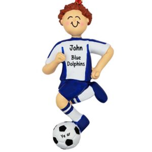 Personalized Boy Soccer Player BLUE Shirt Ornament RED Hair
