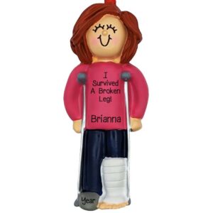 FEMALE With Broken Leg Using Crutches Ornament RED Hair