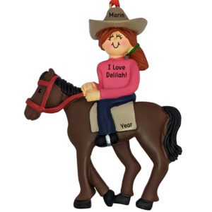 FEMALE Horseback Rider PINK Shirt Christmas Ornament RED HAIR