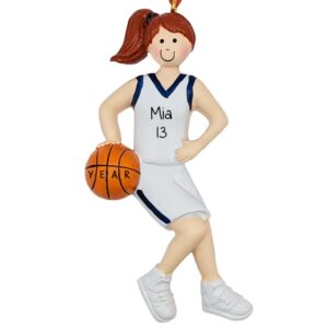 Personalized Basketball Girl Player BLUE Uniform Ornament RED Hair