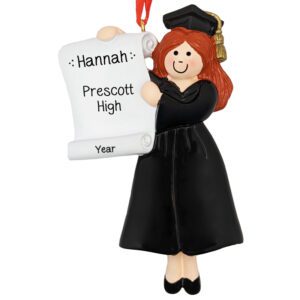 FEMALE Graduate BLACK Robe Holding Diploma Ornament RED HAIR