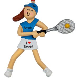 Tennis Player Female Holding Racket BLUE Shirt Ornament RED Hair