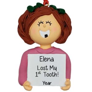 Personalized 1st Lost TOOTH Little Girl Ornament RED Hair