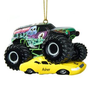 Personalized Grave Digger Crushing Yellow Car Monster Jam Ornament
