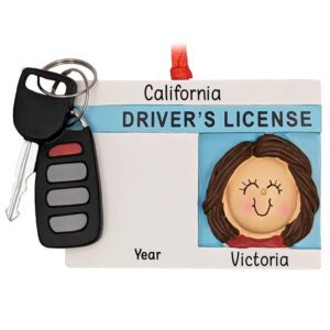 New Driver's License Key Fob Personalized Ornament BRUNETTE GIRL