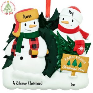 Happy Snowman Couple At Christmas Tree Farm Ornament