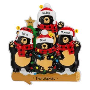 Personalized Cute Bear Family Of 4 Wearing Scarves Ornament